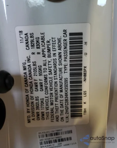 2019 Honda Civic Ex из США, поврежденный, VIN 2HGFC3B34KH350595